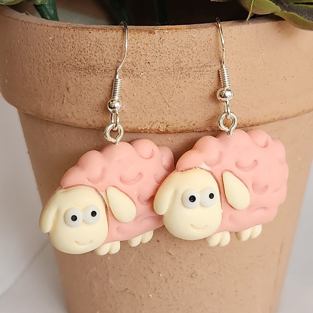 Pink Sheep Polymer Clay Drop Earrings Whimsical Animal Jewelry Silver Tone Hook